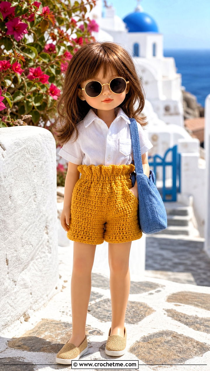 Crochet Paper Bag Shorts With Button Up Shirt - 25 Crochet Small Doll Clothes and outfit ideas