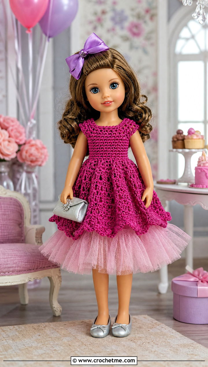 Crochet Party Doll Dress With Tulle Skirt - 25 Crochet Mini Doll Clothes and outfit ideas