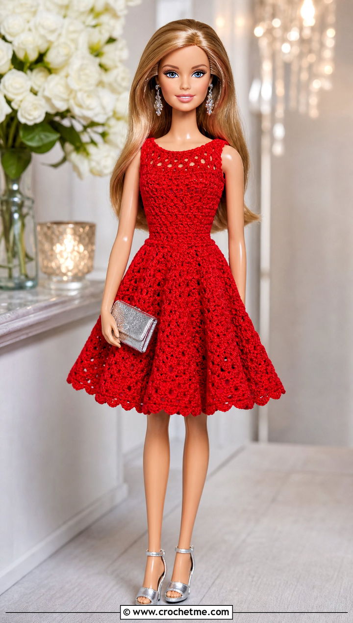 Crochet Party Dress With Metallic Shoes - 25 Dolls Crochet Clothes and outfit ideas