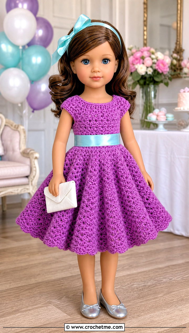 Crochet Party Dress With Satin Sash - 25 Crochet Small Doll Clothes and outfit ideas