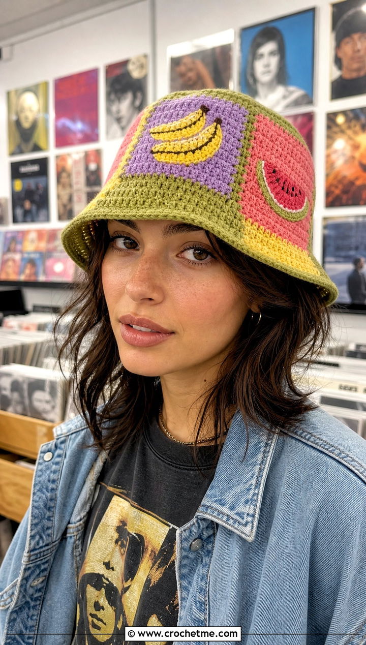 Crochet Patchwork Banana Hat With Graphic Tee - 30 crochet banana hat outfit ideas