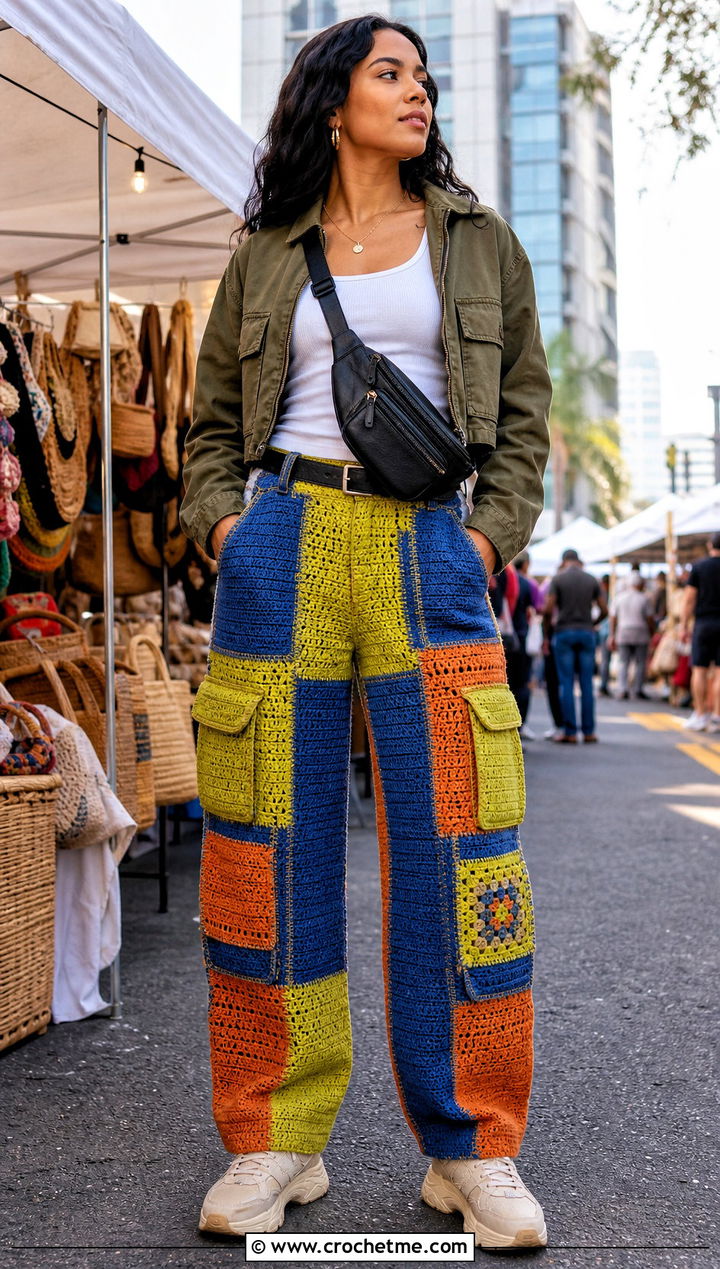 Crochet Patchwork Cargo Pants With Utility Jacket - 15 Crochet Patchwork Pants outfit ideas