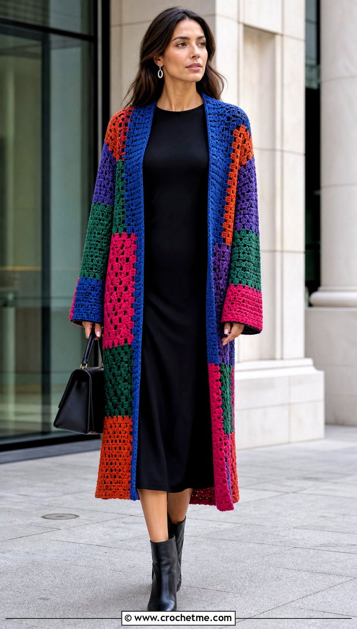 Crochet Patchwork Coat With Black Column Dress - 25 Crochet Projects Aesthetic Clothes and outfit ideas
