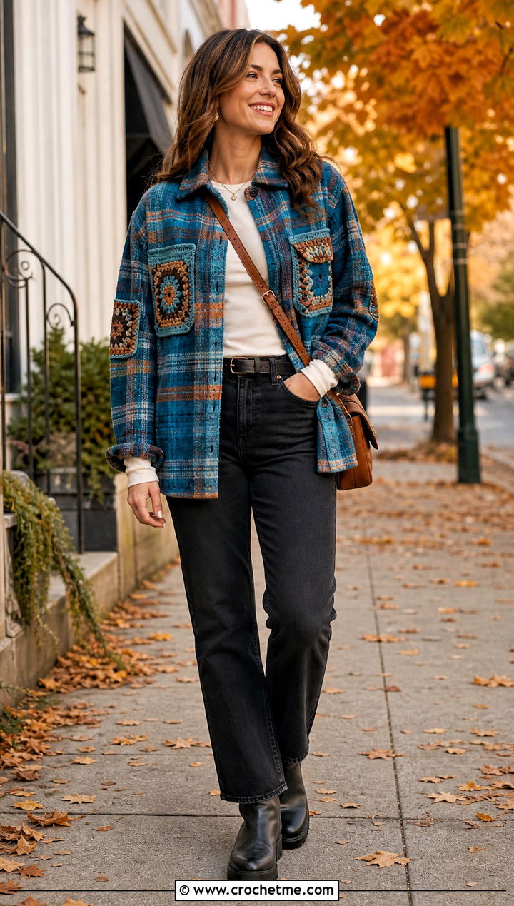 Crochet Patchwork Flannel Shirt With Black Jeans - 30 crochet and fabric top outfit ideas