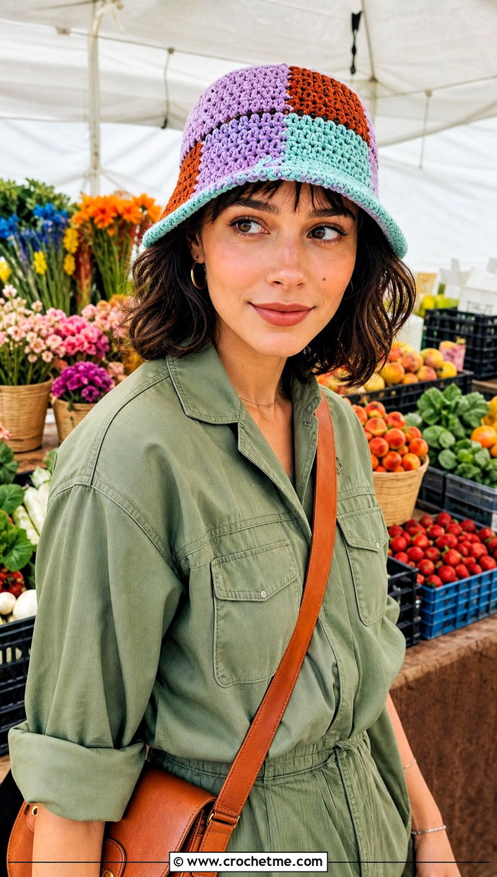 Crochet Patchwork Hat With Utility Jumpsuit - 30 Women Crochet Hats outfit ideas