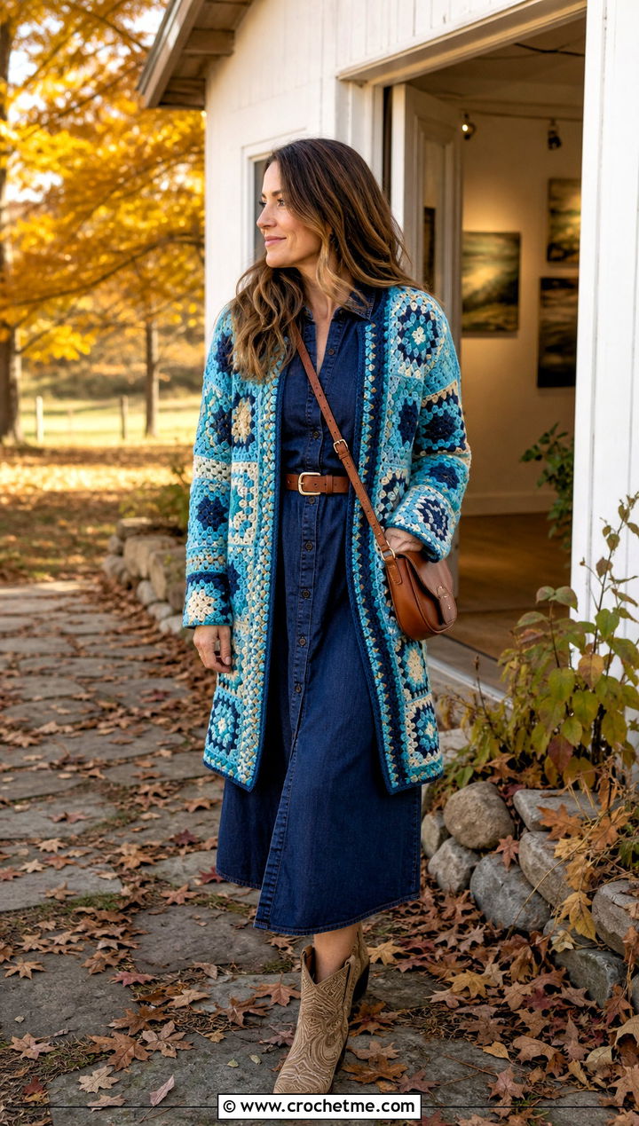 Crochet Patchwork Jacket With Denim Dress - 25 crochet witchy clothes and outfit ideas