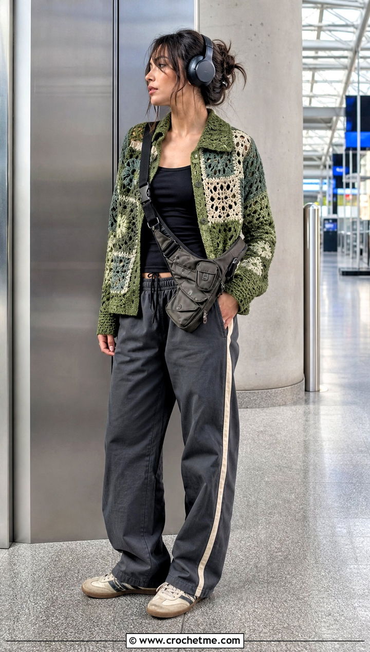 Crochet Patchwork Jacket With Track Pants - 35 Crochet Grunge Clothes and outfit ideas