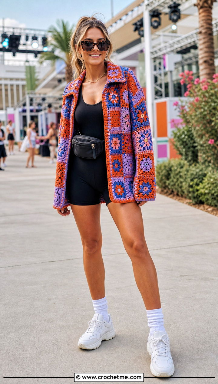 Crochet Patchwork Jacket With Unitard - 25 Crochet Festival Outfit ideas