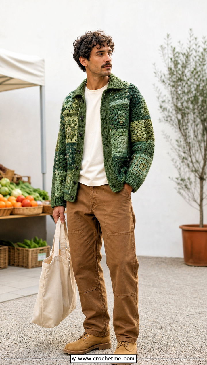 Crochet Patchwork Jacket With Workwear Pants - 25 crochet men's clothes and outfit ideas