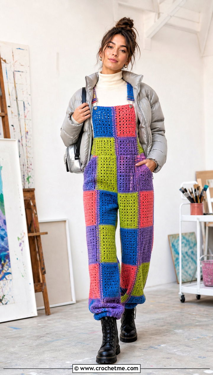 Crochet Patchwork Overalls With Long Sleeve Tee - 30 winter crochet clothes ideas