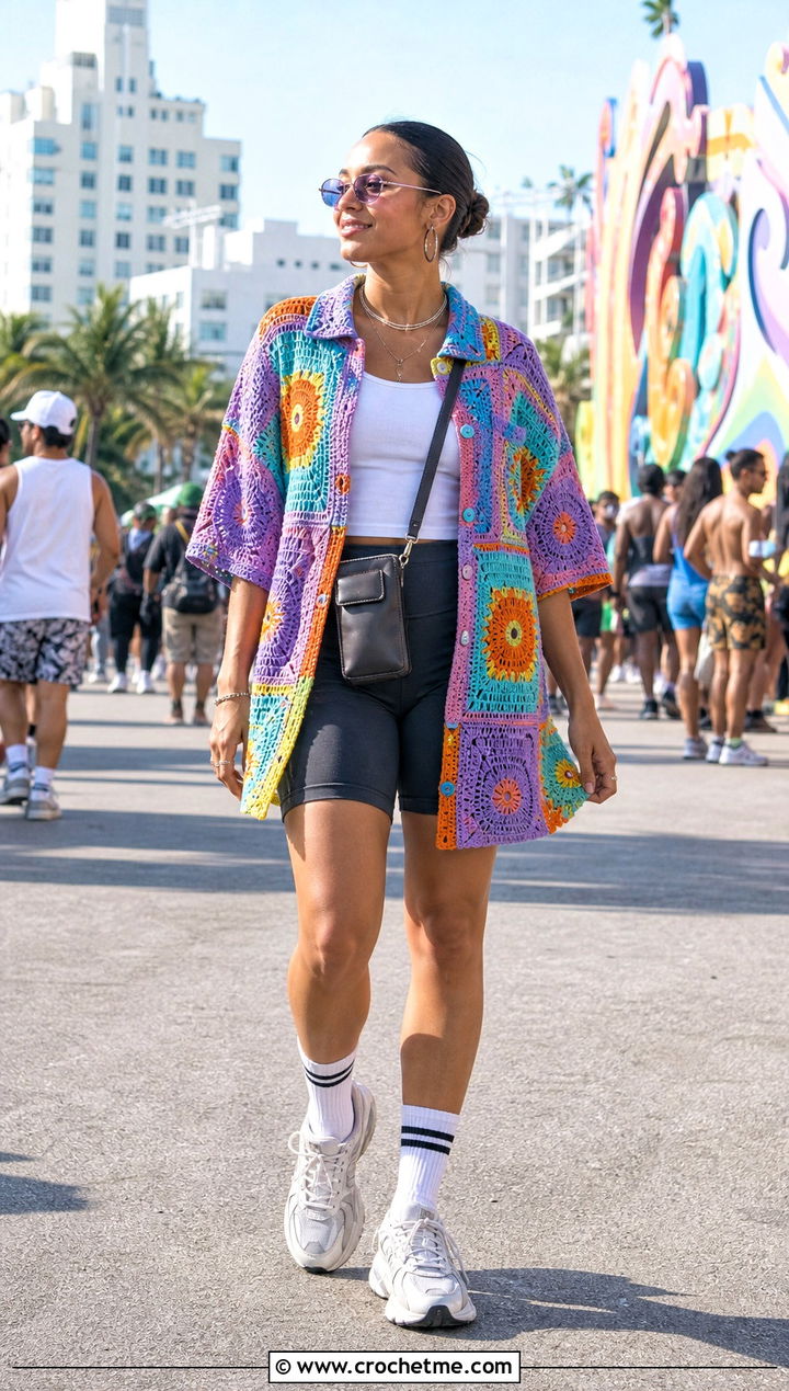 Crochet Patchwork Shirt Carnival Outfit With Bike Shorts - 30 crochet carnival outfit ideas