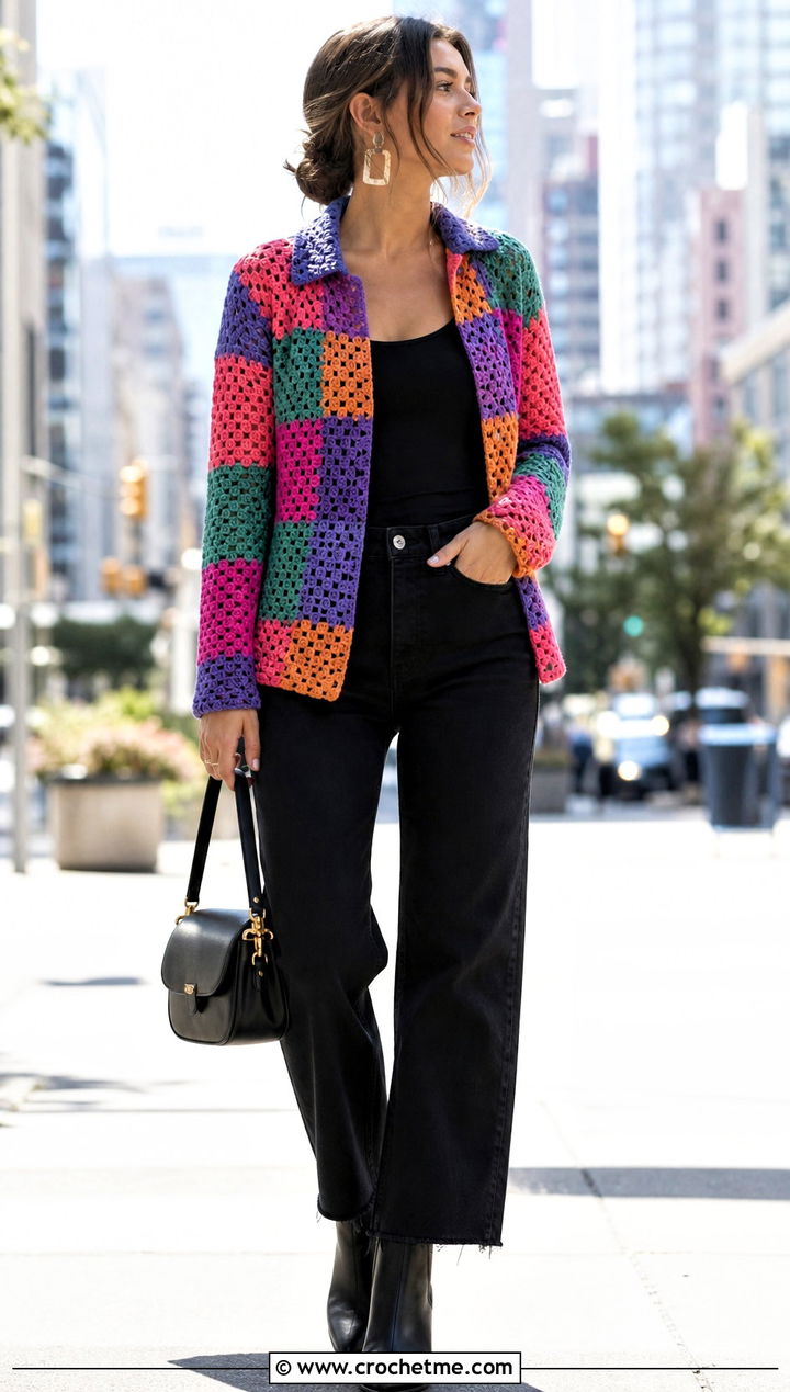 Crochet Patchwork Shirt With Black Jeans - 35 crochet shirt women outfit ideas