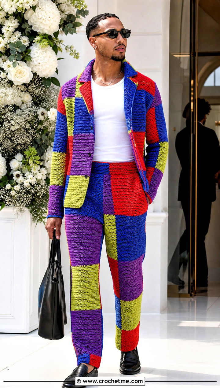Crochet Patchwork Suit With Plain T Shirt - 35 crochet mens clothes and outfit ideas