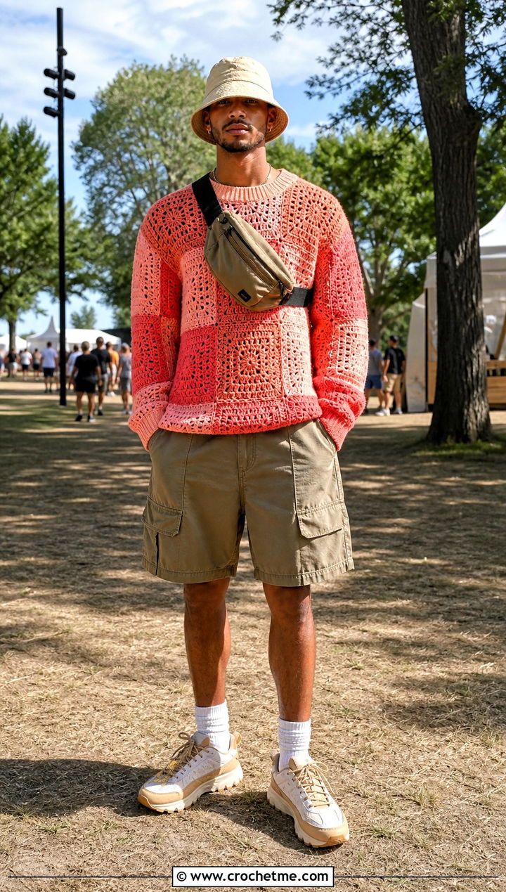 Crochet Patchwork Sweater With Utility Shorts - 30 Easy Crochet Mens Sweater outfit ideas