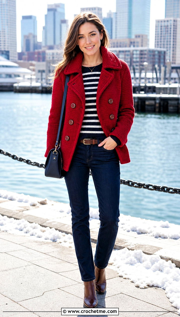Crochet Peacoat Jacket With Dark Denim - 30 crochet winter jacket outfit ideas
