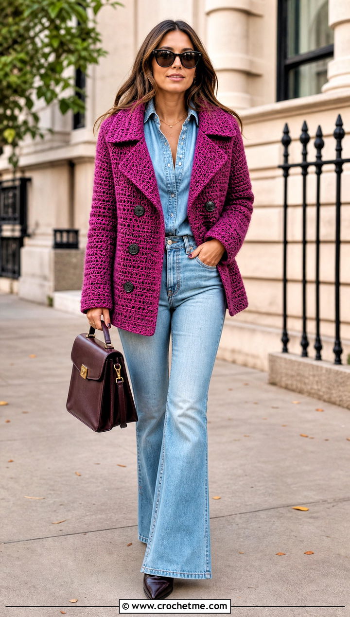 Crochet Peacoat With A Denim Shirt And Flared Jeans - 15 beginner crochet coat outfit ideas