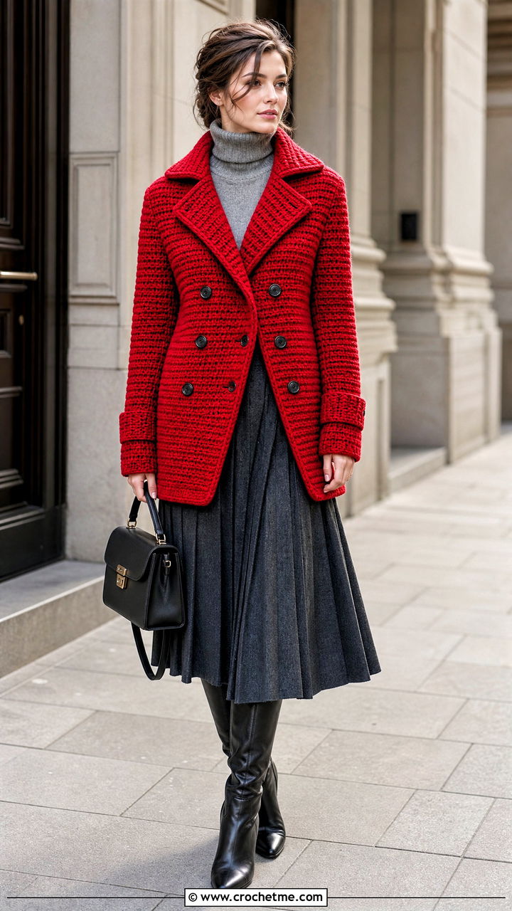 Crochet Peacoat With Pleated Midi Skirt - 35 crochet coats outfit ideas