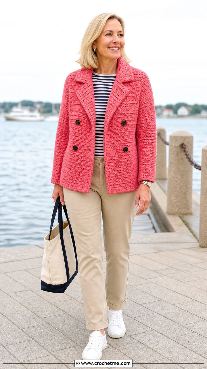 Crochet Peacoat With Striped Tee And Chinos - 35 crochet coat outfit ideas