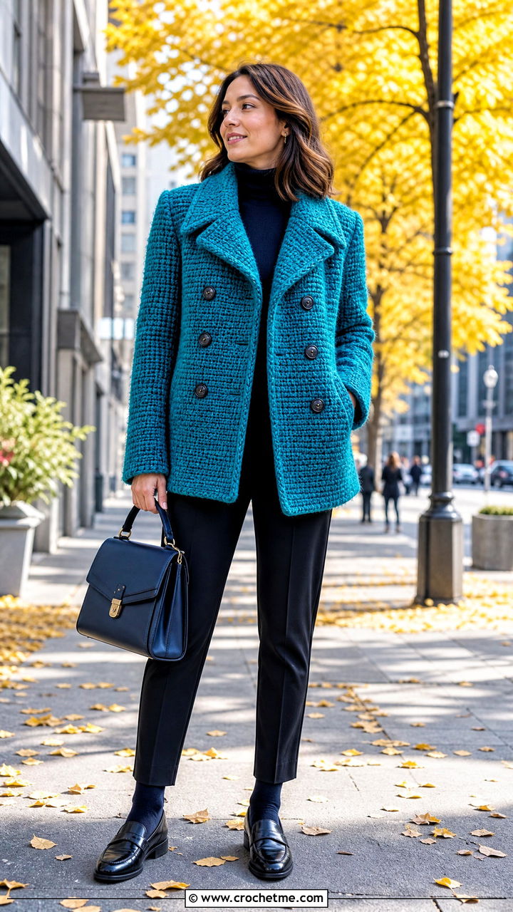 Crochet Peacoat With Turtleneck And Ankle Pants - 35 crochet coats & jackets outfit ideas