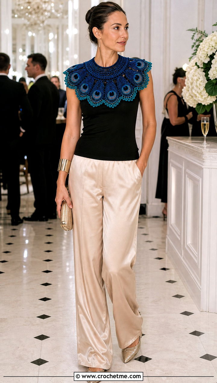 Crochet Peacock Collar With Satin Trousers - 35 Crochet Halloween Costume Women outfit ideas