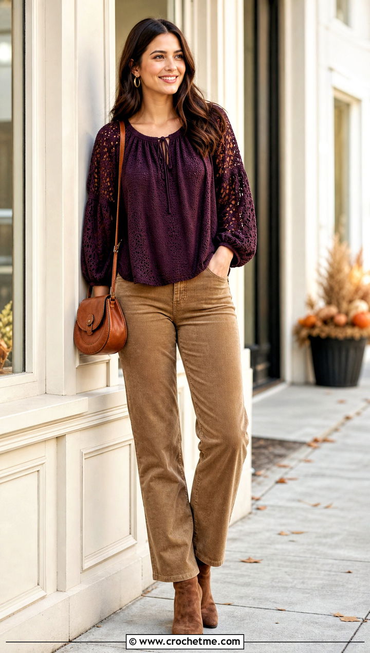 Crochet Peasant Blouse With Corduroy Pants - 25 vintage crochet top outfit ideas