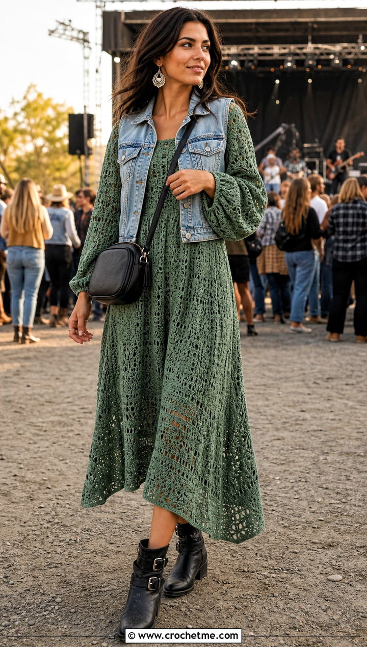 Crochet Peasant Dress With Moto Boots - 35 vintage crochet dress outfit ideas