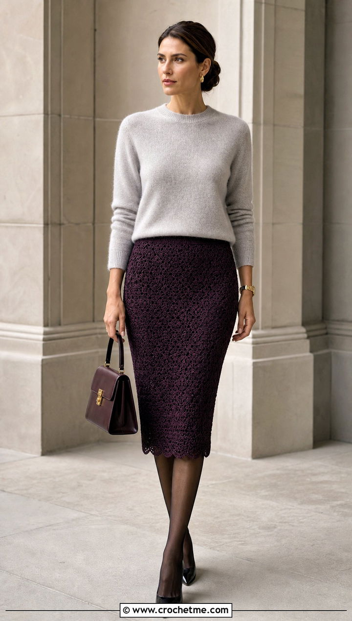 Crochet Pencil Skirt With Cashmere Sweater - 35 old money crochet outfits ideas