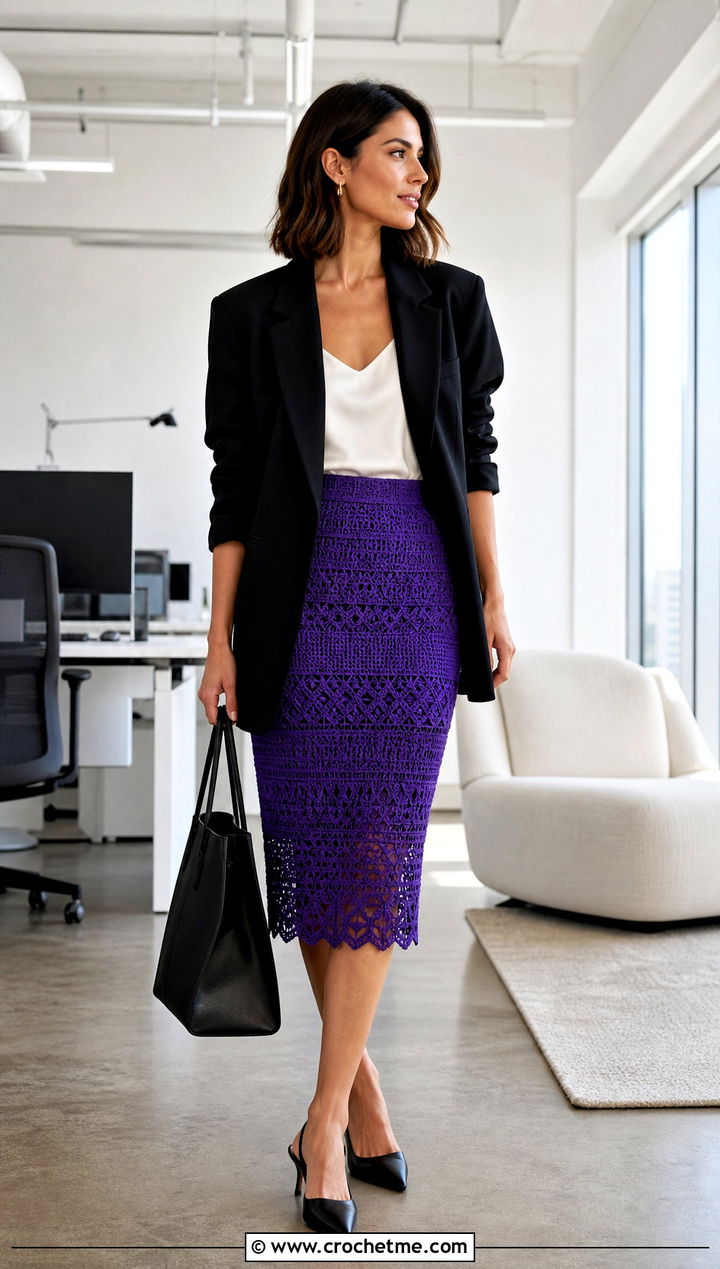 Crochet Pencil Skirt With Oversized Blazer - 30 vintage crochet clothes and outfit ideas