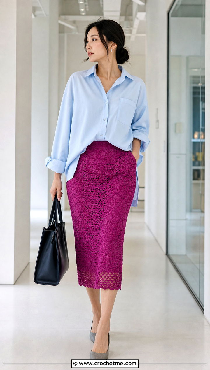 Crochet Pencil Skirt With Oxford Shirt - 30 korean crochet outfits ideas