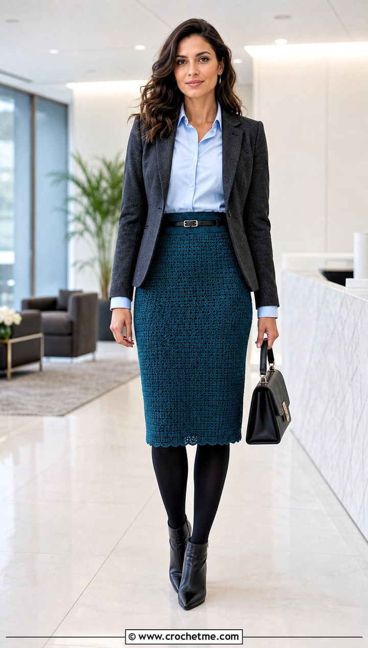 Crochet Pencil Skirt With Tailored Blazer - 35 crochet winter skirt outfit ideas