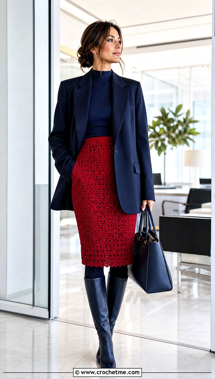 Crochet Pencil Skirt With an Oversized Blazer - 35 Crochet Winter Outfits ideas