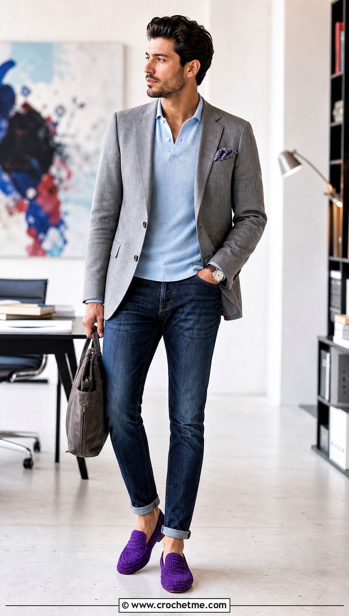 Crochet Penny Loafer Slippers With Blazer and Jeans - 35 mens crochet slippers outfit ideas