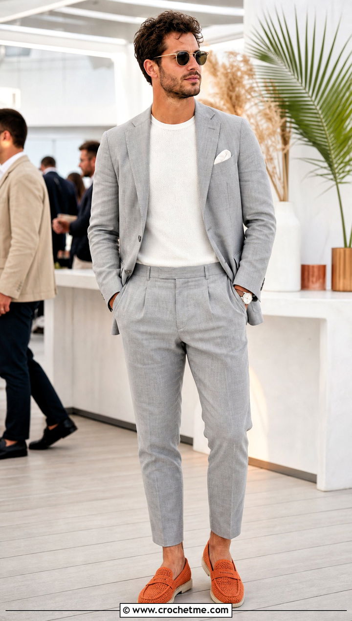Crochet Penny Loafers With A Summer Suit - 25 crochet shoes for men outfit ideas