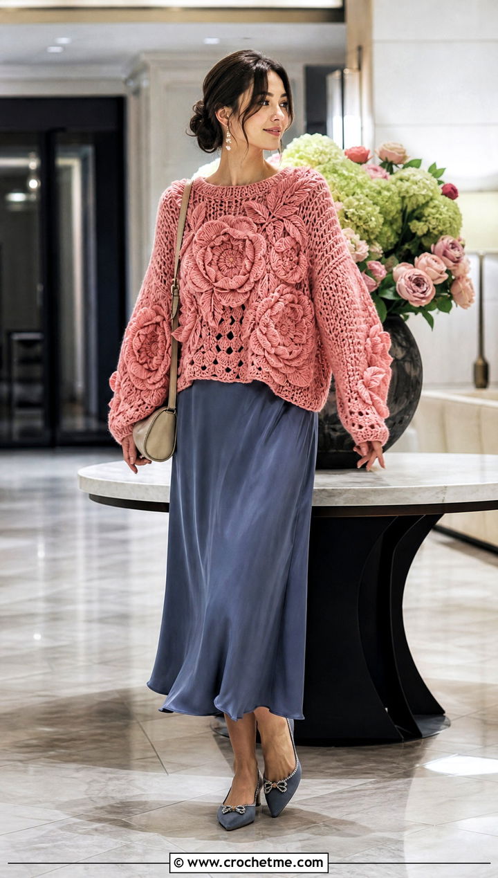 Crochet Peony Sweater With Slip Dress - 30 crochet flowers on sweater outfit ideas