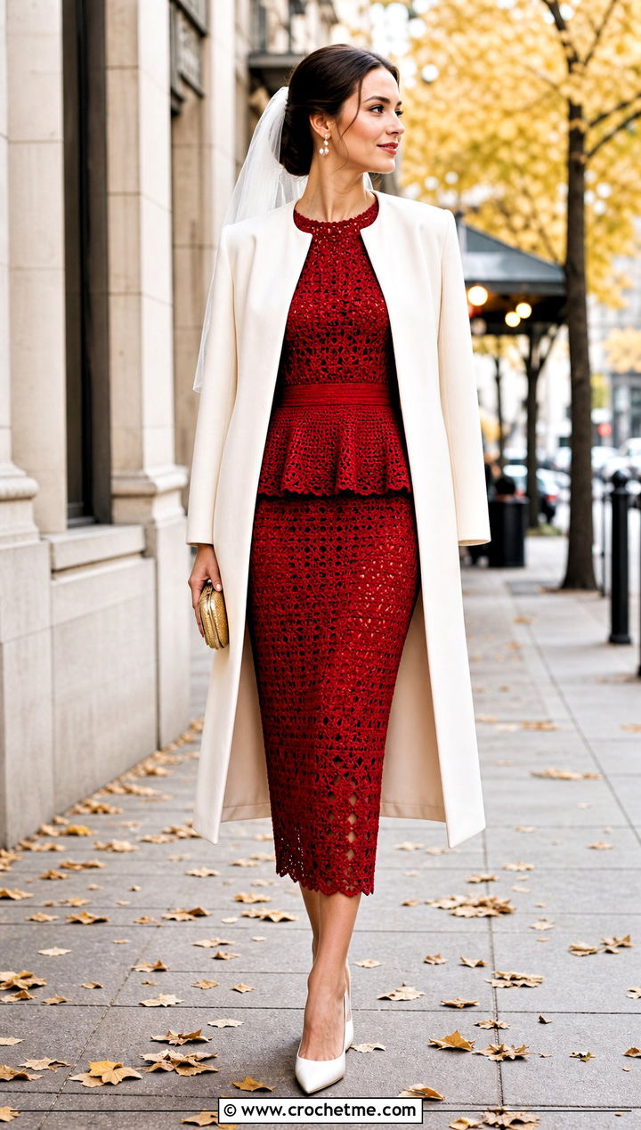 Crochet Peplum Bridal Dress With Tailored Coat - 30 crochet bridal dress outfit ideas