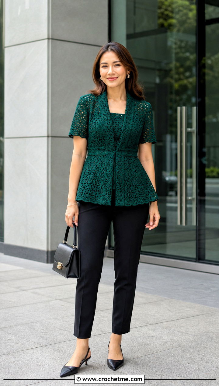 Crochet Peplum Shirt With Cigarette Pants - 35 crochet shirt women outfit ideas