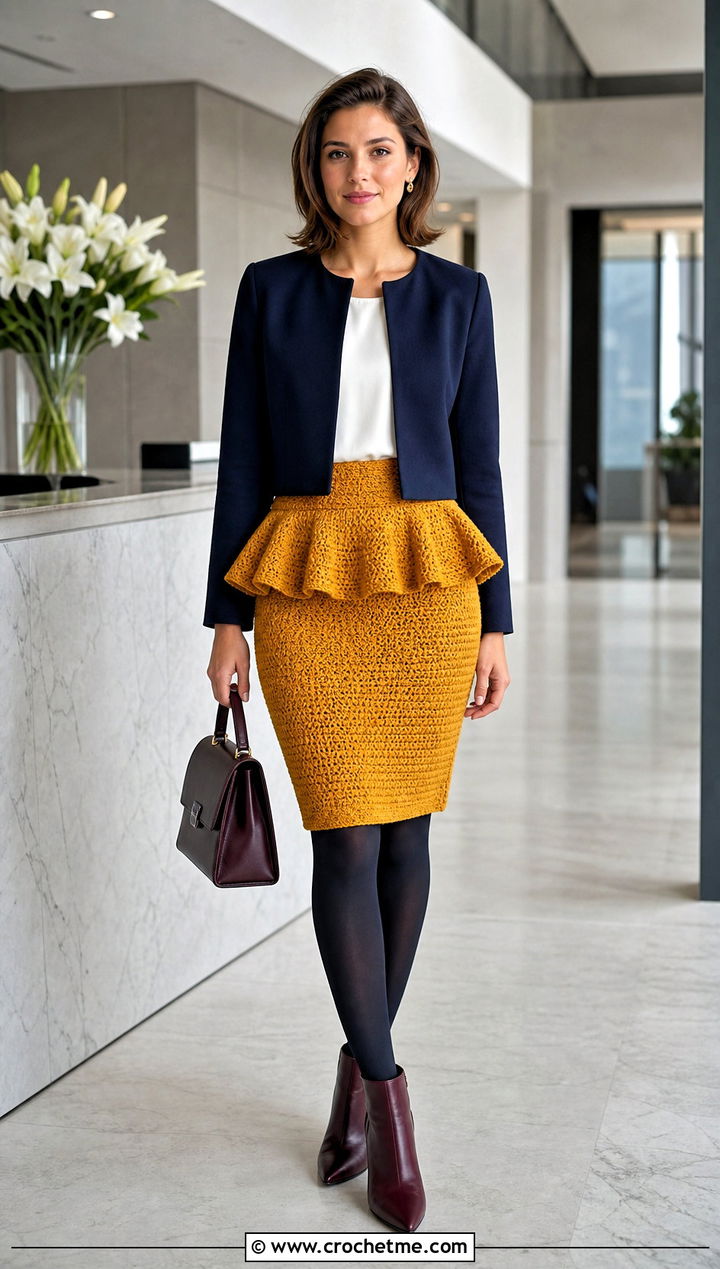 Crochet Peplum Skirt With Collarless Jacket - 35 crochet winter skirt outfit ideas