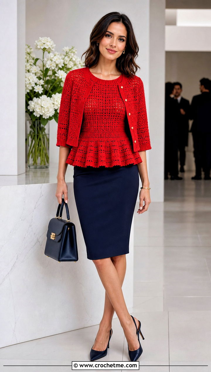 Crochet Peplum Sweater Set With Pencil Skirt - 25 Crochet Sweater Set outfit ideas