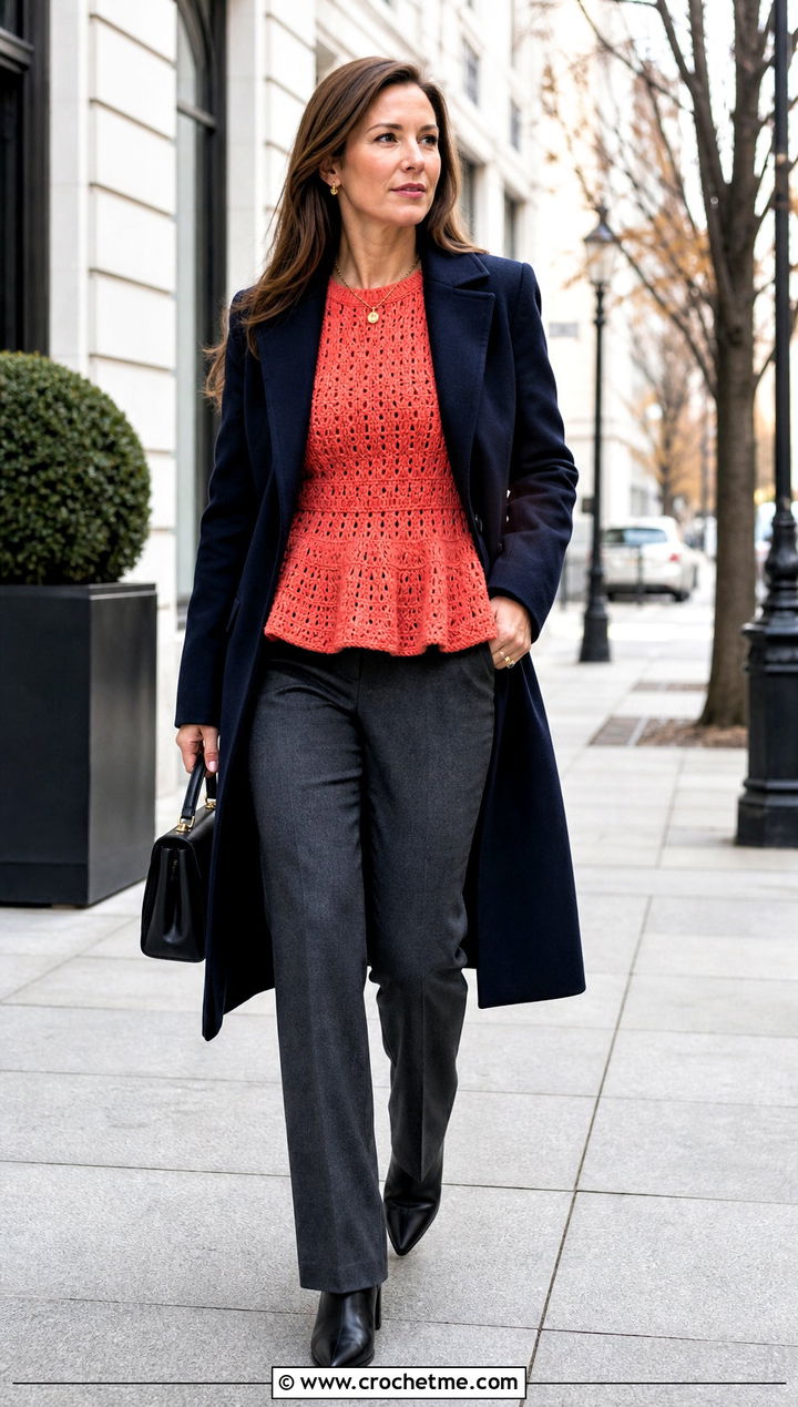 Crochet Peplum Sweater With Straight Leg Trousers - 30 crochet winter sweater outfit ideas