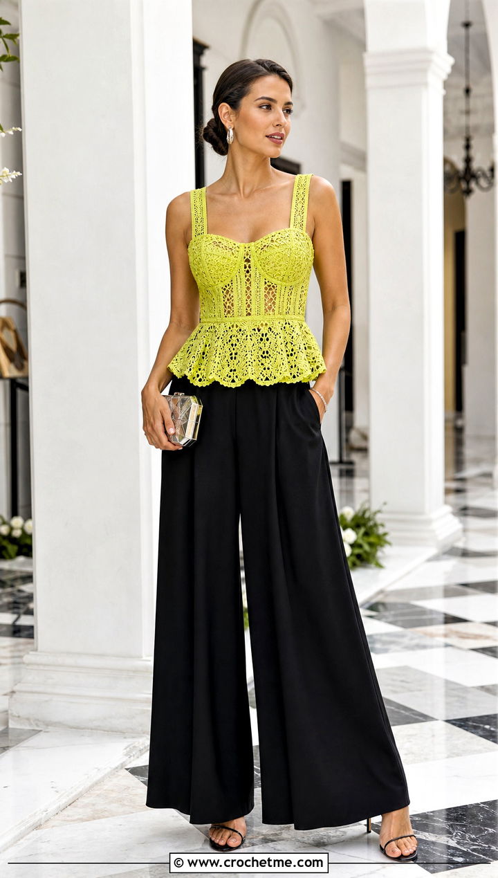 Crochet Peplum Top And Palazzo Pants Wedding Guest Outfit - 25 crochet wedding guest outfit ideas