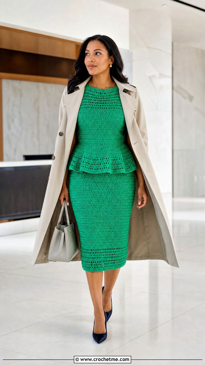 Crochet Peplum Top And Pencil Skirt Set With Pumps - 35 crochet set outfit ideas