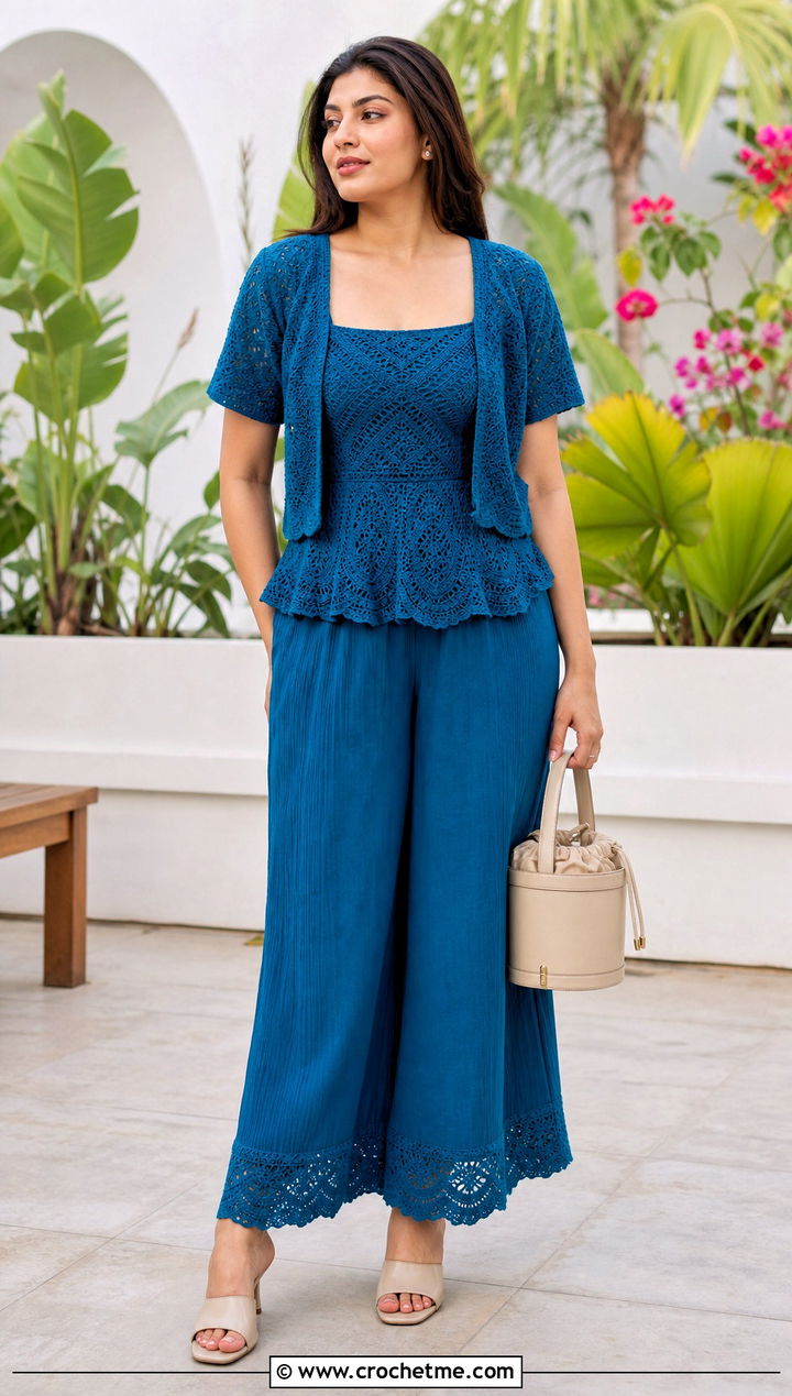 Crochet Peplum Top Culottes And Cardigan Set With Mules - 25 crochet three piece outfit ideas