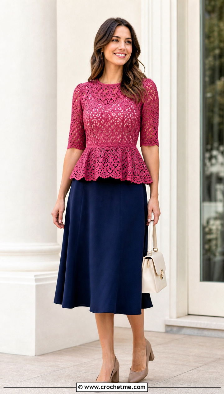 Crochet Peplum Top With A Line Midi Skirt - 35 Modest Crochet Outfit Ideas