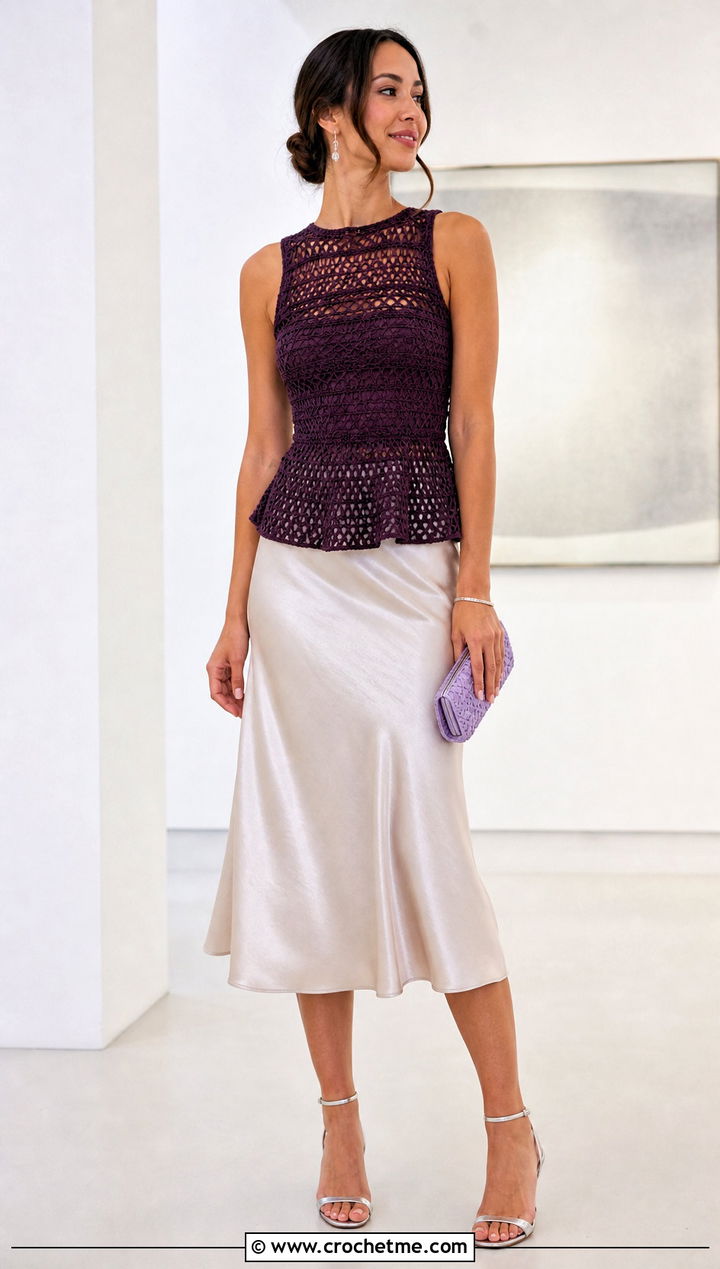 Crochet Peplum Top With A Satin Midi Skirt - 35 aesthetic crochet summer tops outfit ideas