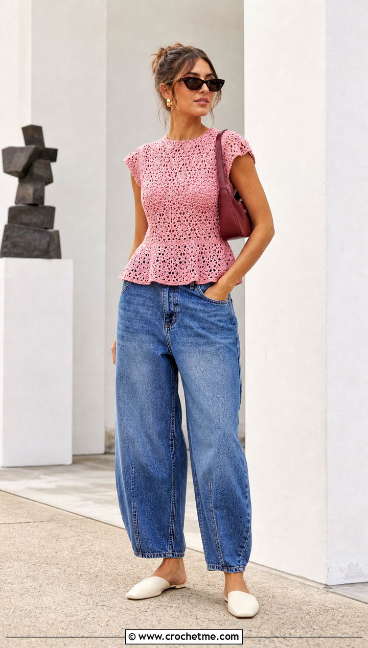Crochet Peplum Top With Barrel Jeans - 30 cute crochet summer clothes and outfit ideas