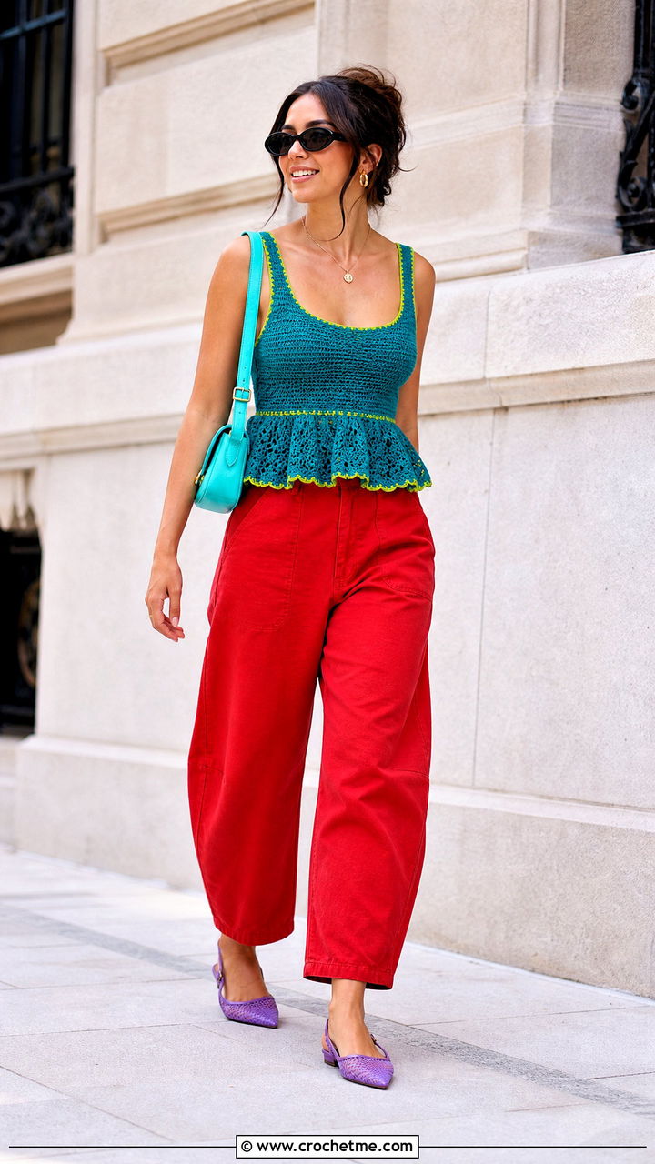 Crochet Peplum Top With Barrel Leg Jeans - 35 crochet outfits ideas