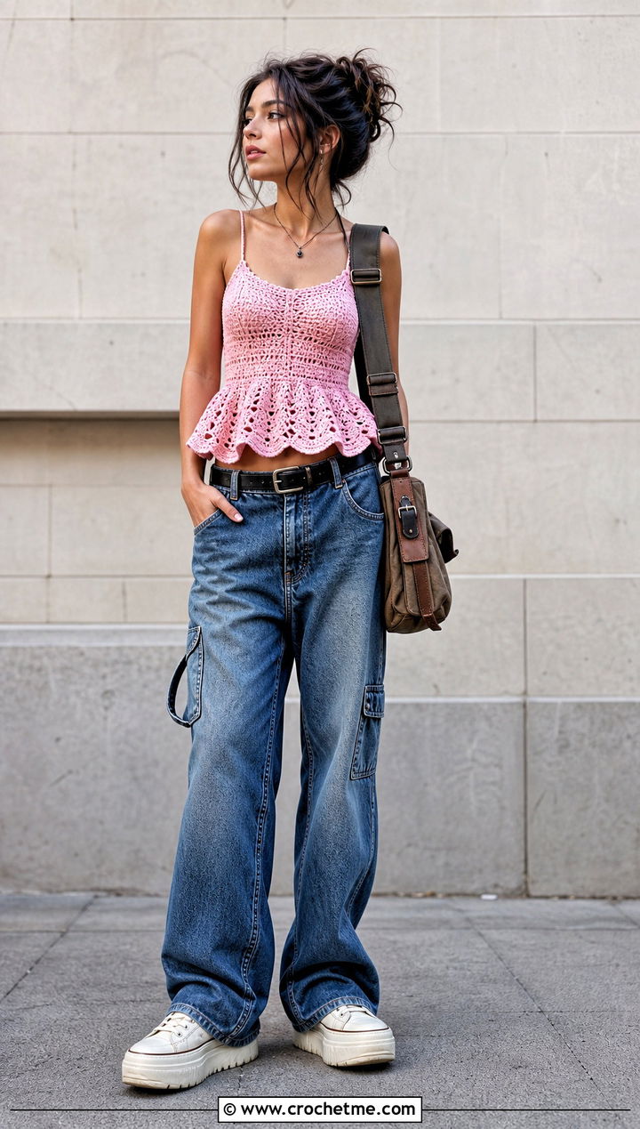 Crochet Peplum Top With Carpenter Jeans - 35 grunge crochet top outfit ideas