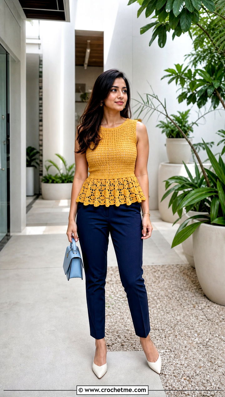 Crochet Peplum Top With Cigarette Pants - 25 easy crochet summer tops for beginners outfit ideas