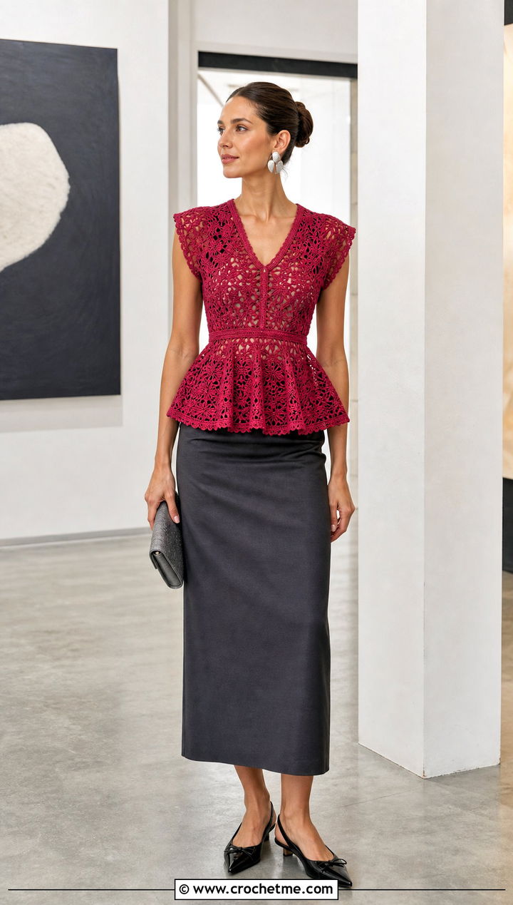 Crochet Peplum Top With Column Skirt - 30 full crochet outfit ideas