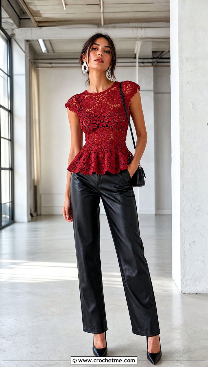 Crochet Peplum Top With Leather Pants - 15 Crochet Photo Shoot Outfits ideas